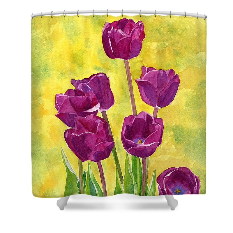 Contemporary Watercolor Shower Curtain featuring the painting Purple Tulips Yellow Textured Background by Sharon Freeman