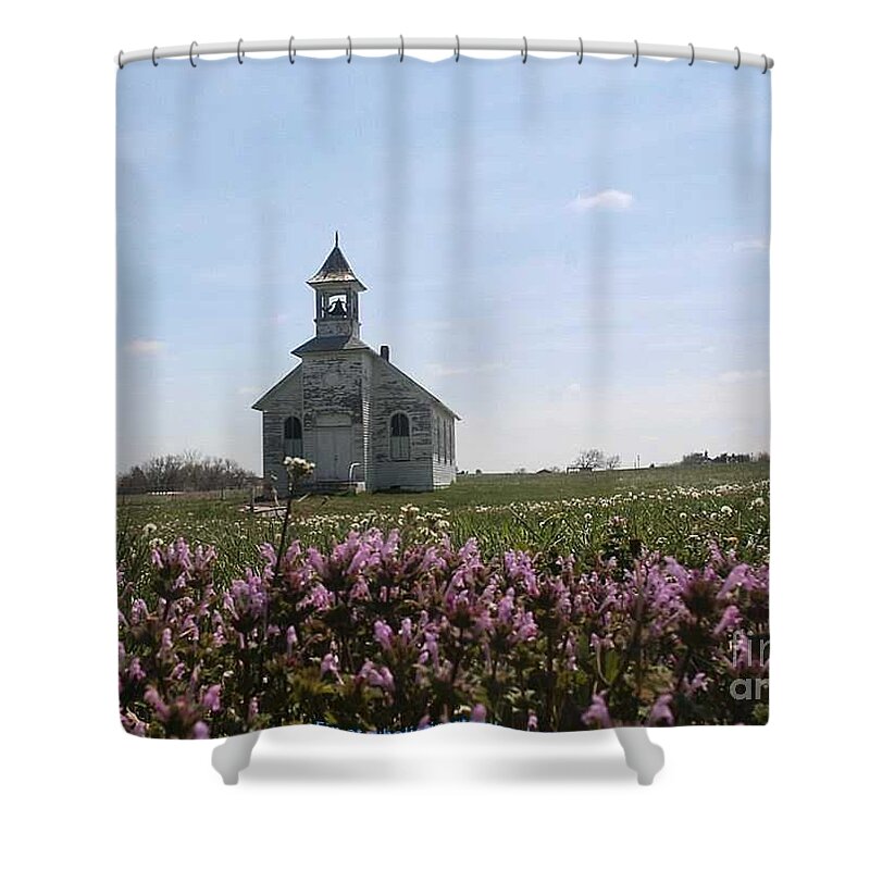 Dandelion Church Shower Curtain featuring the painting Purple Wildflower Field Church by PainterArtist FIN