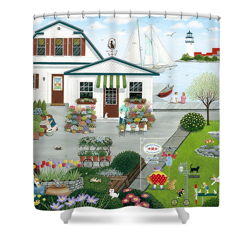 Folk Art Shower Curtain featuring the painting Purr-Fect Blooms by Wilfrido Limvalencia