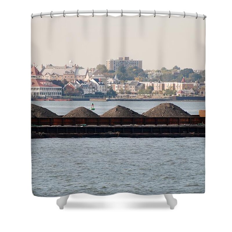 Brooklyn Bridge Shower Curtain featuring the photograph PYRAMID DIRT on the BARGE by Rob Hans