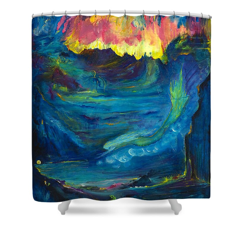 Luminous Art Shower Curtain featuring the painting Quest for the Pearl Mermaid by Lily Nava-Nicholson