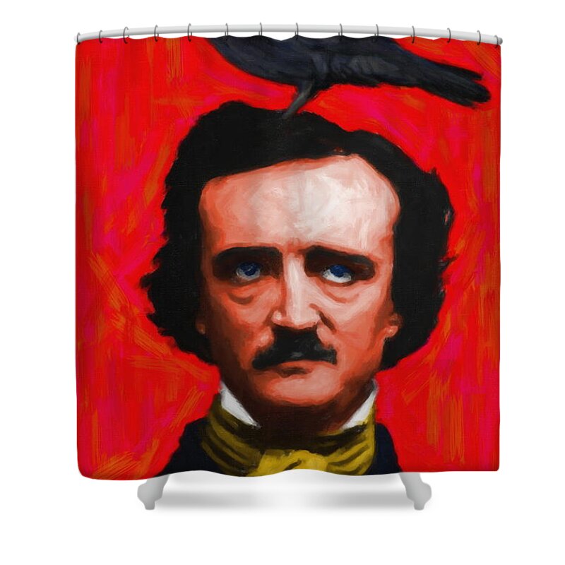 Celebrity Shower Curtain featuring the photograph Quoth The Raven Nevermore - Edgar Allan Poe - Painterly - Red - Standard Size by Wingsdomain Art and Photography