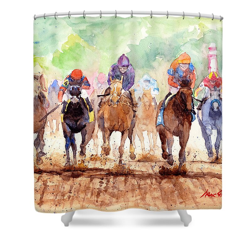 Landscape Shower Curtain featuring the painting Race Day by Max Good