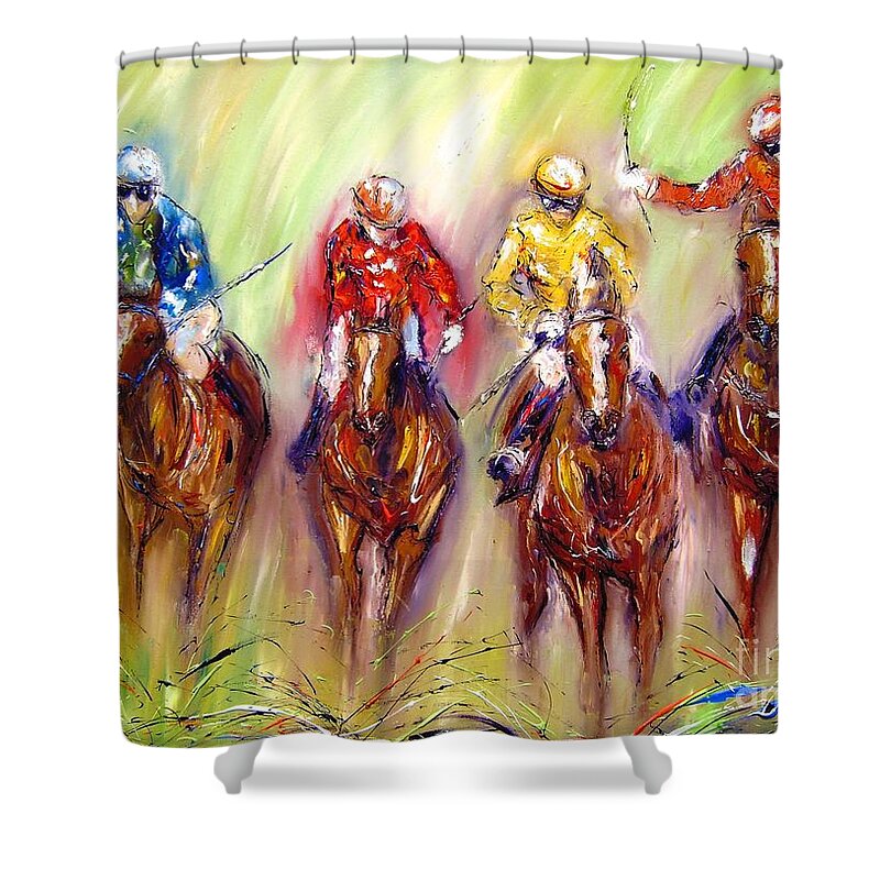 Racehorse Shower Curtain featuring the painting Paintings of animals horses by Mary Cahalan Lee - aka PIXI