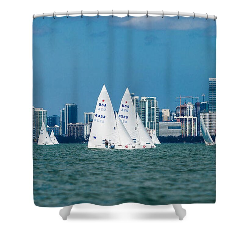 International Star Class Racing Yacht Shower Curtain featuring the photograph Racing past Miami by David Smith