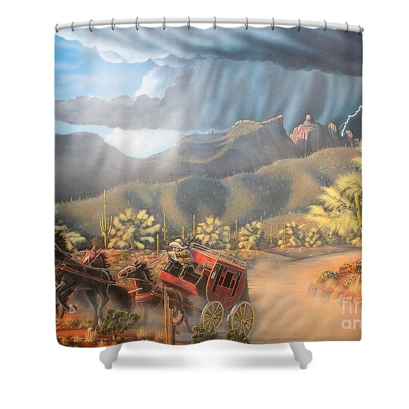 Old West Shower Curtain featuring the painting Racing the Storm by Jerry Bokowski