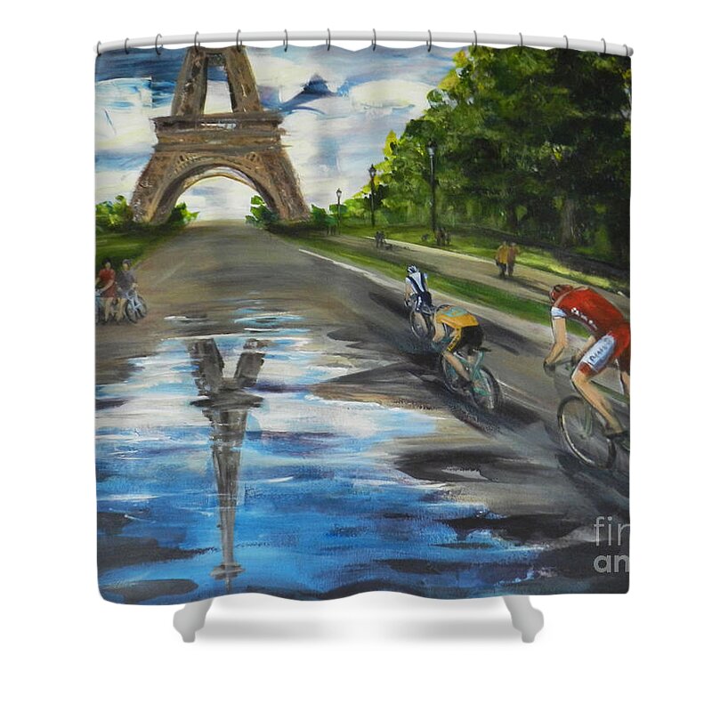 Paris Shower Curtain featuring the painting Racing to the Eiffel by Deborah Ferree