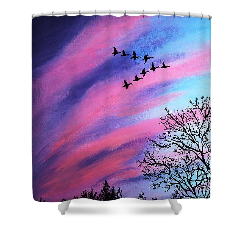 Barbara Griffin Shower Curtain featuring the painting Raging Sky and Canada Geese by Barbara A Griffin