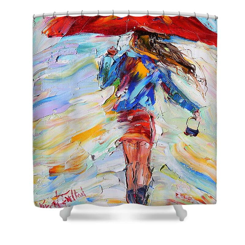 Rain Paintings Shower Curtain featuring the painting Rain Dance with Red Umbrella by Karen Tarlton