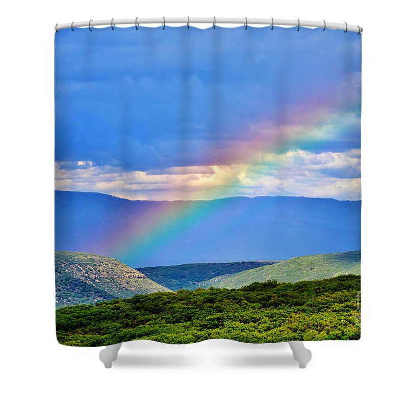 Scenic Shower Curtain featuring the photograph Rainbow Above The Canyon by Janice Pariza