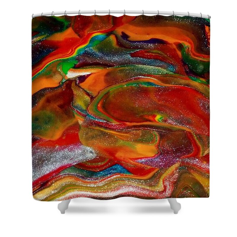 Abstract Shower Curtain featuring the mixed media Rainbow Blossom by Deborah Stanley