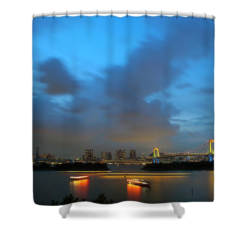 Built Structure Shower Curtain featuring the photograph Rainbow Brigde And Tokyo Bay by Digipub