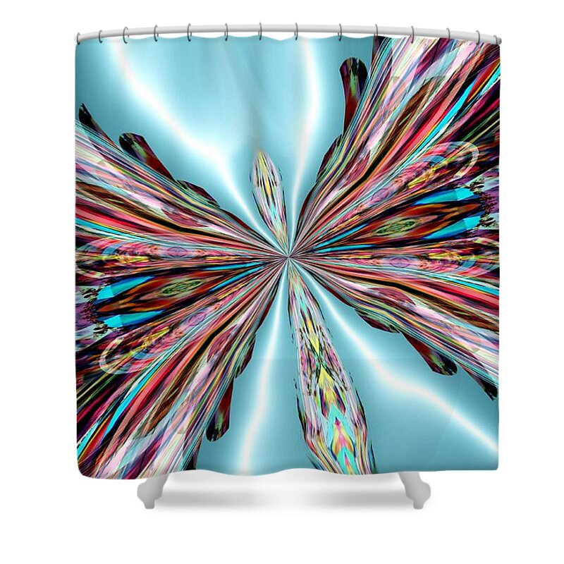Rainbow Shower Curtain featuring the digital art Rainbow Glass Butterfly on Blue Satin by Maria Urso
