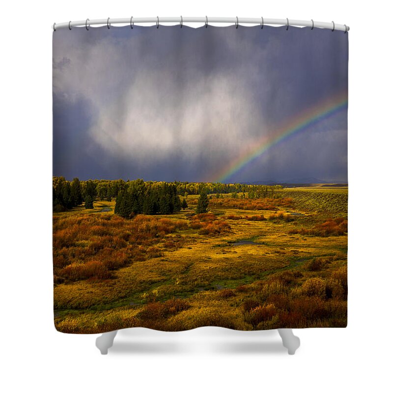Fall. Landscape Shower Curtain featuring the photograph Rainbow in the Fall by Jeff Shumaker