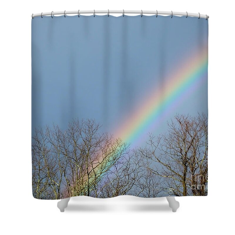 Artoffoxvox Shower Curtain featuring the photograph Rainbow through the Tree Tops by Kristen Fox