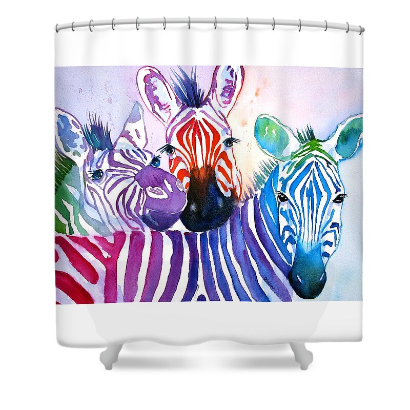 Zebra Shower Curtain featuring the painting Rainbow Zebra's by Carlin Blahnik CarlinArtWatercolor