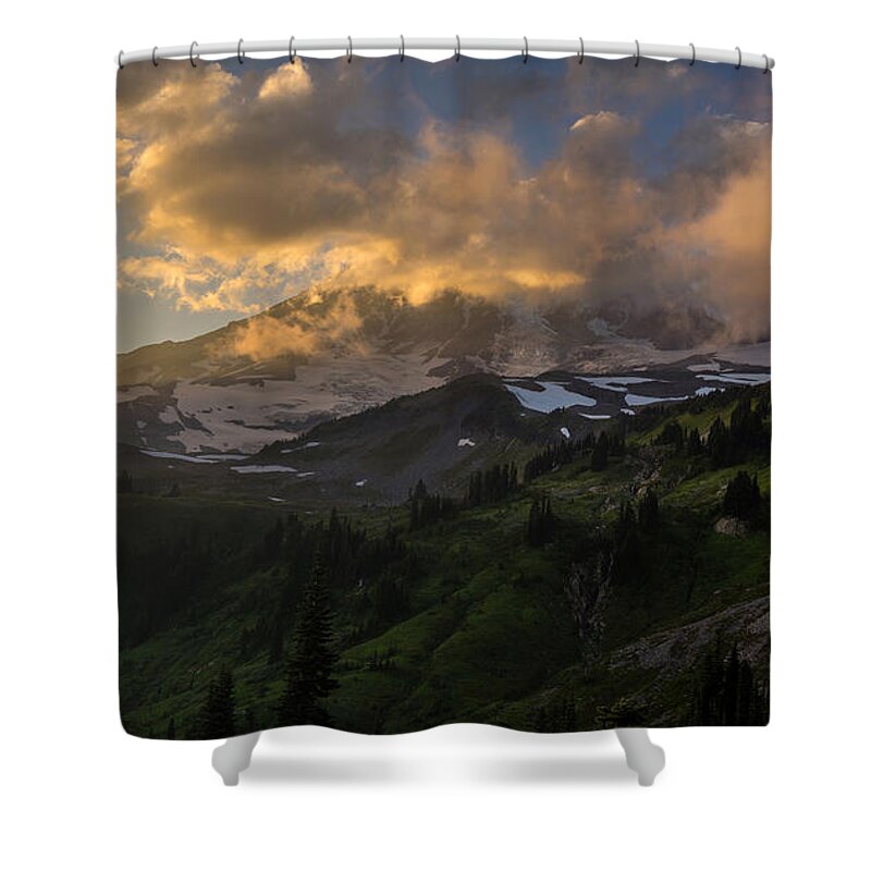 Mount Rainier Shower Curtain featuring the photograph Rainier Evening Skies Drama by Mike Reid