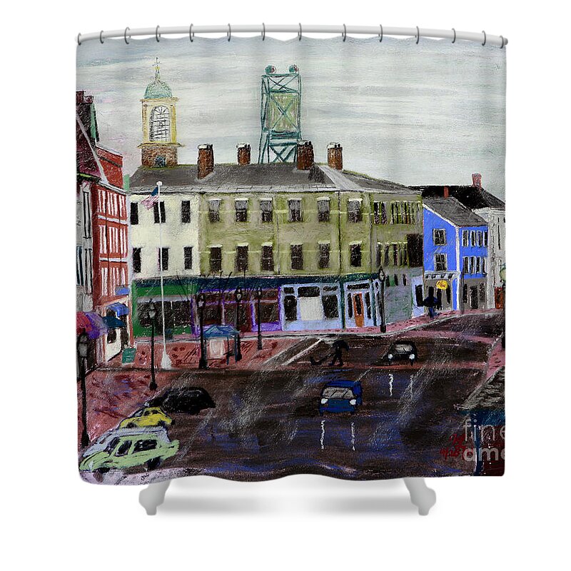 Market Square Shower Curtain featuring the pastel Rainy Day on Market Square by Francois Lamothe