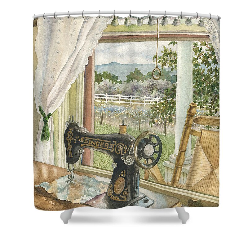Sewing Machine Painting Shower Curtain featuring the painting Rainy Day on the Old Farm by Anne Gifford
