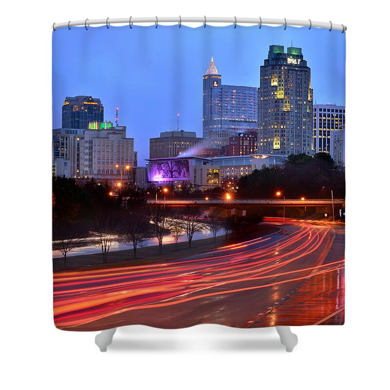 Raleigh Skyline Shower Curtain featuring the photograph Raleigh Skyline at Dusk Evening Color Evening Panorama North carolina NC by Jon Holiday