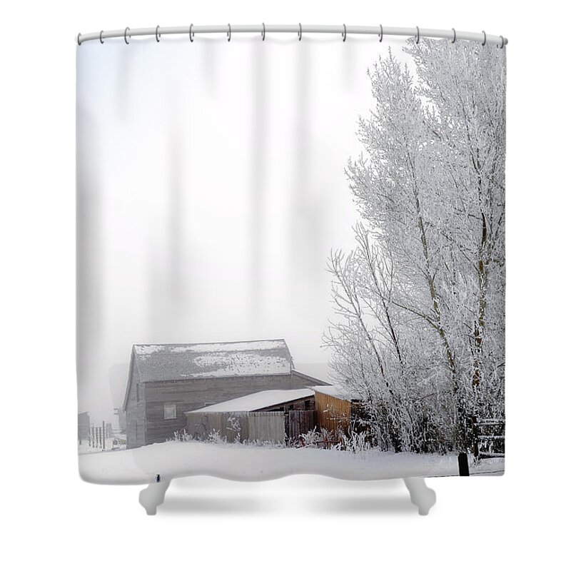 Barn Shower Curtain featuring the photograph Ranch in Frozen Fog by Kae Cheatham