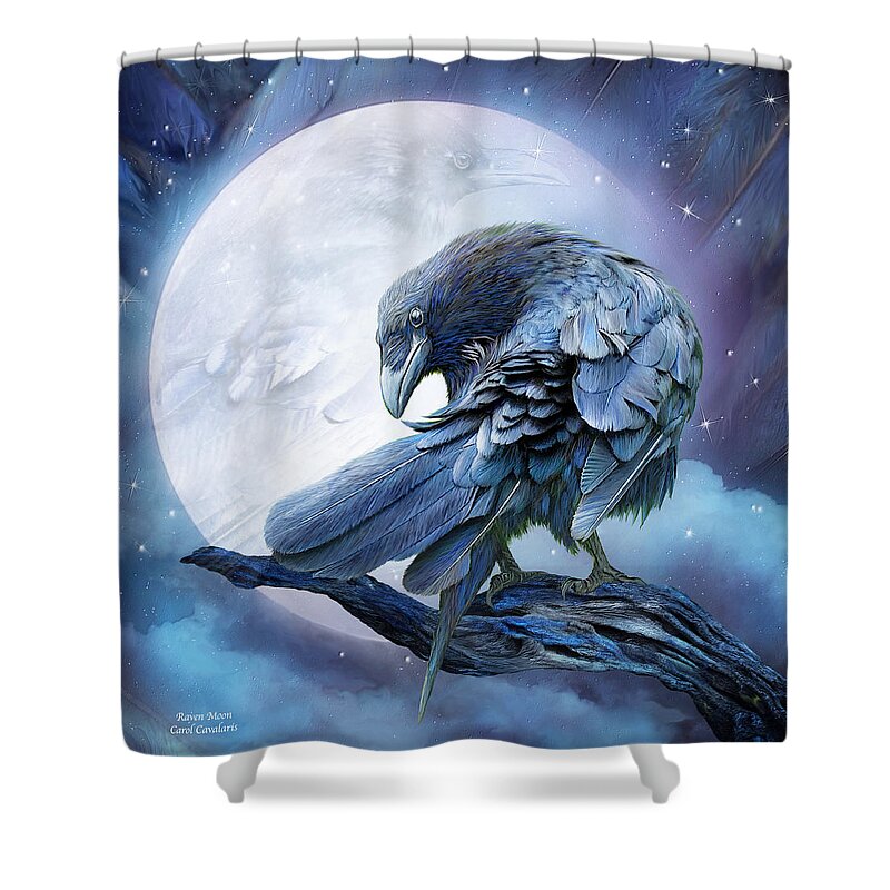 Raven Shower Curtain featuring the mixed media Raven Moon by Carol Cavalaris