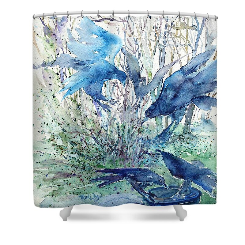 Birds Shower Curtain featuring the painting Ravens Wood by Trudi Doyle