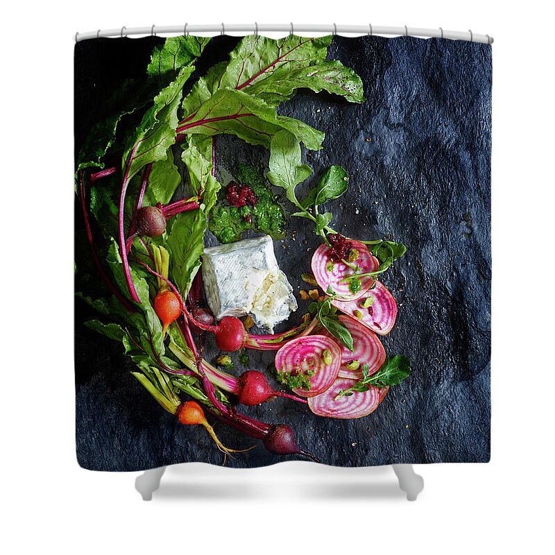 Cheese Shower Curtain featuring the photograph Raw Beeet Salad Ingredients by Annabelle Breakey
