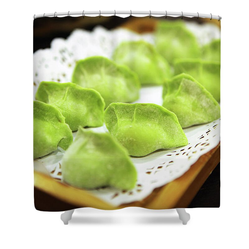 Dumpling Shower Curtain featuring the photograph Raw Green Dumplings For Hot Pot by Digipub