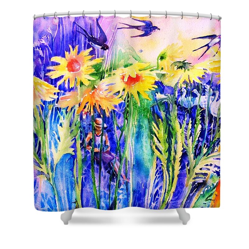 Summer Shower Curtain featuring the painting Reading in a Summer Garden by Trudi Doyle