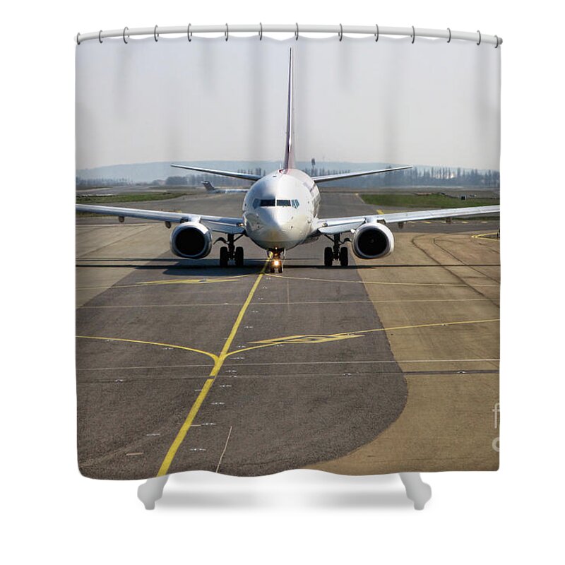 Plane Shower Curtain featuring the photograph Ready for Take Off by Olivier Le Queinec