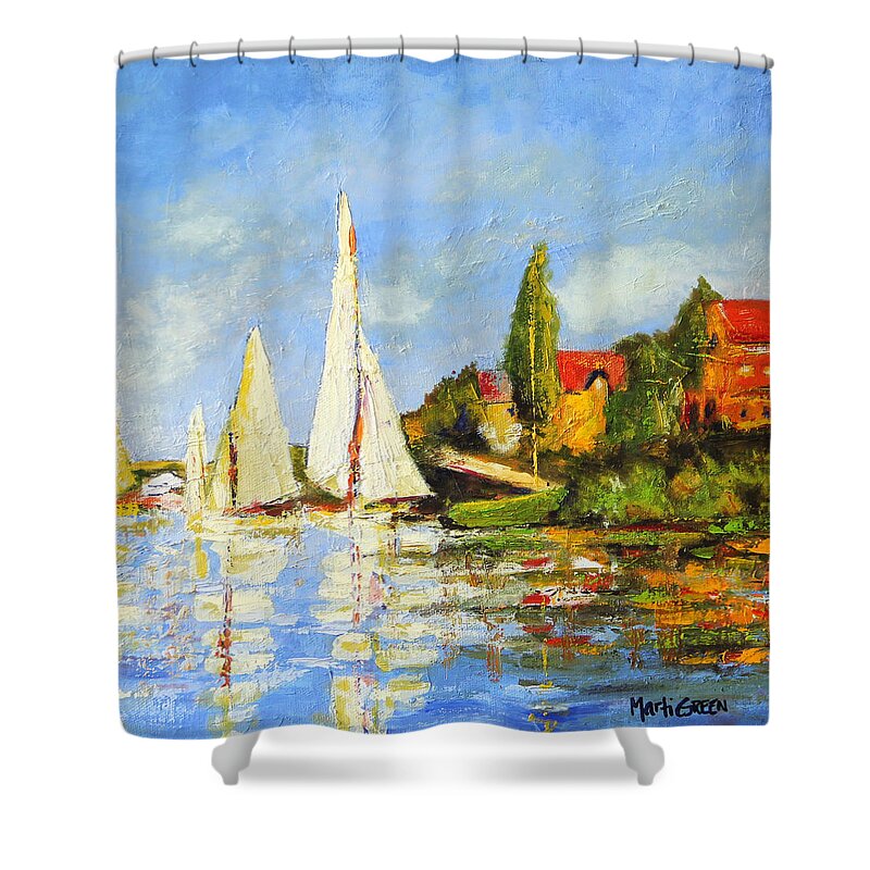 Monet Shower Curtain featuring the painting Recreation of Boating at Argenteuil by Marti Green