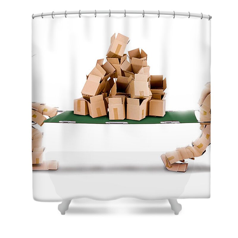  Recycling Shower Curtain featuring the photograph Recycling boxes by box characters and stretcher by Simon Bratt