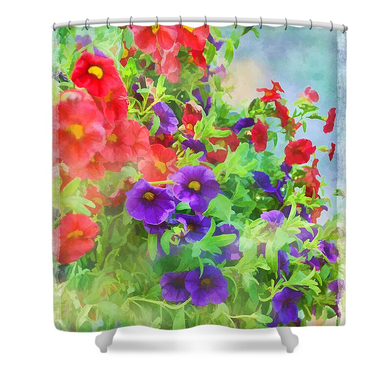 Flower Shower Curtain featuring the photograph Red and Purple Calibrachoa - Digital Paint I by Debbie Portwood