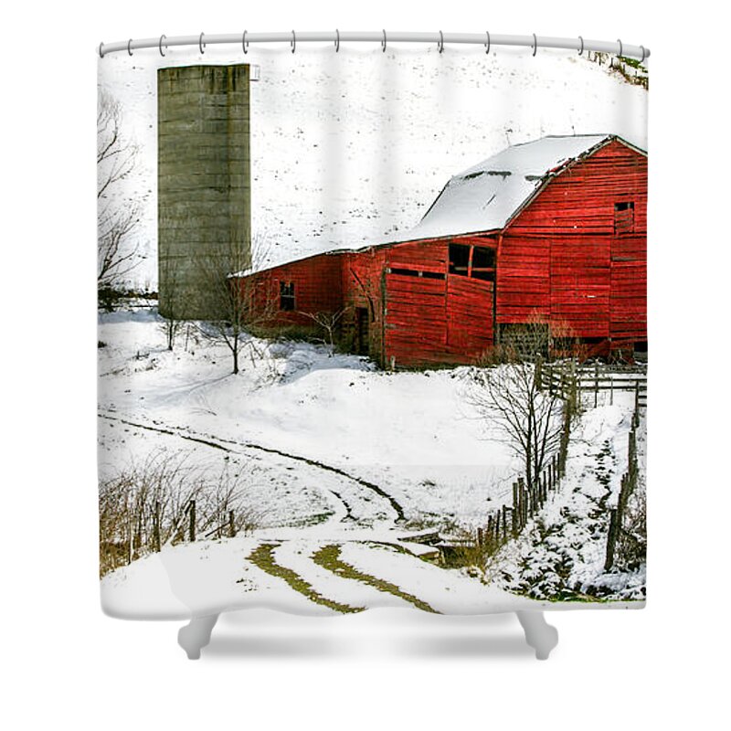 Snow Shower Curtain featuring the photograph Red Barn in Snow by John Haldane