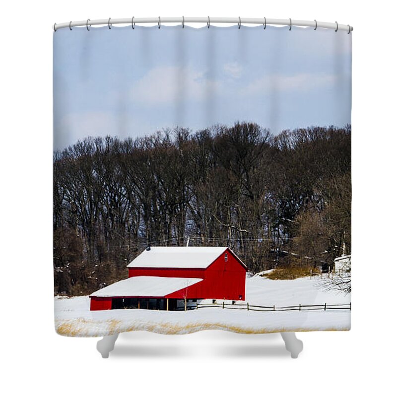 Barn Shower Curtain featuring the photograph Red Barn In The Snow by Judy Wolinsky