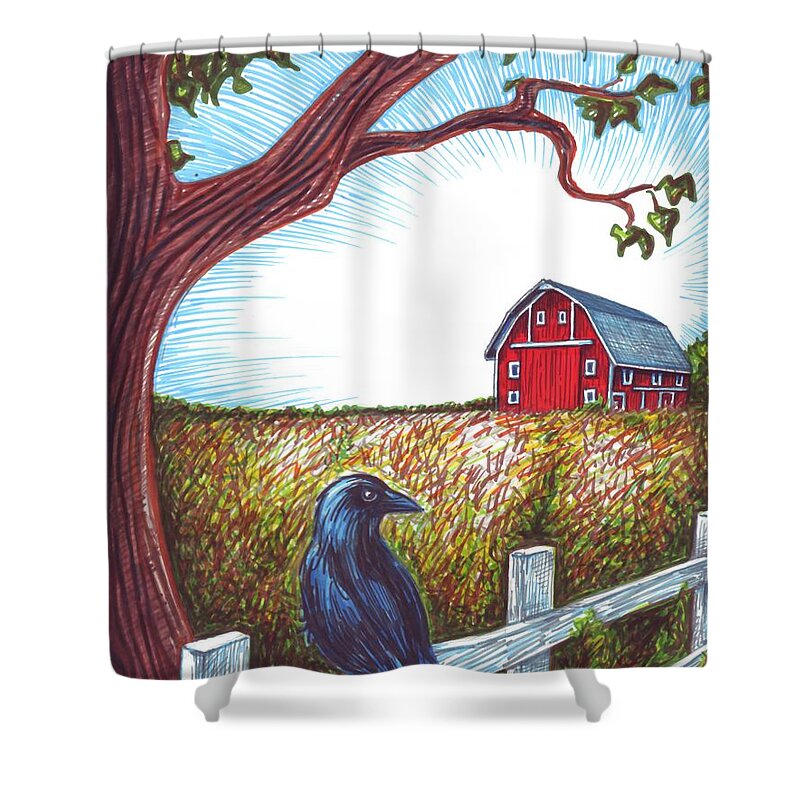 Crow Shower Curtain featuring the drawing Red Barn by Samantha Geernaert
