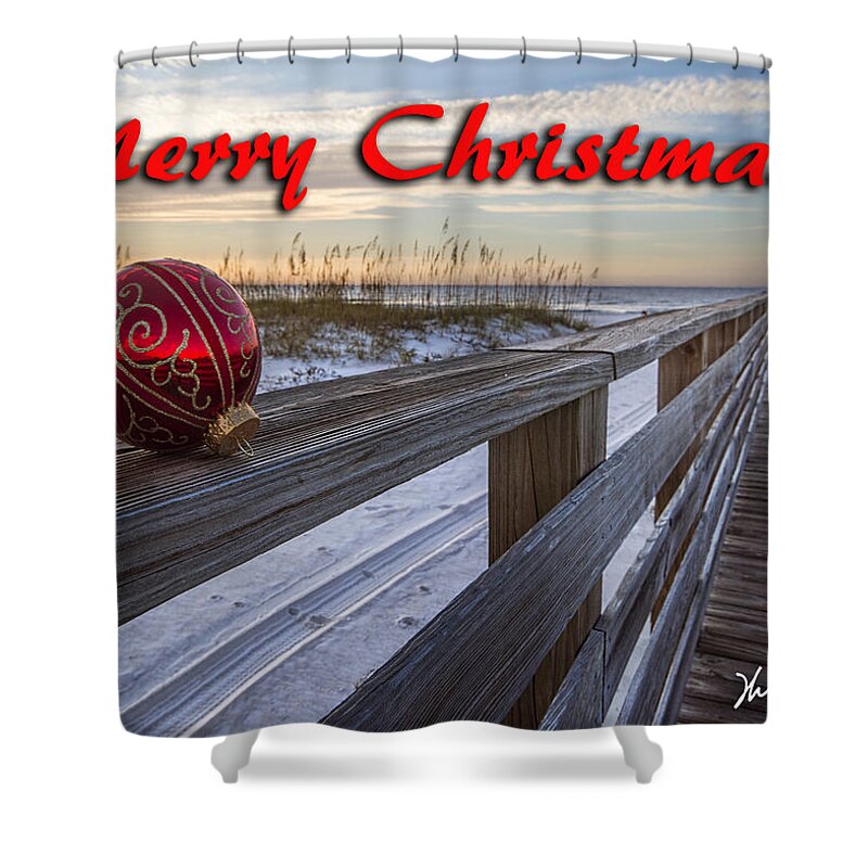 Christmas Shower Curtain featuring the digital art Red Bulb on the Rail by Michael Thomas