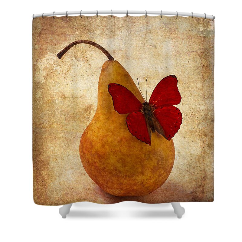 Golden Shower Curtain featuring the photograph Red Butterfly On Pear by Garry Gay