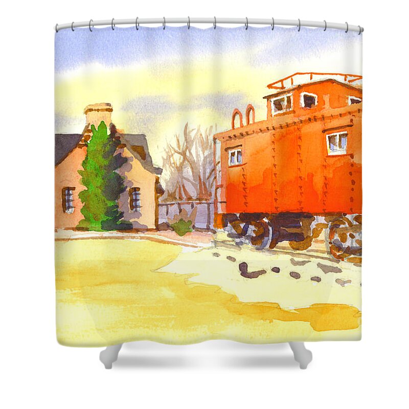 Red Caboose At Whistle Junction Ironton Missouri Shower Curtain featuring the painting Red Caboose at Whistle Junction Ironton Missouri by Kip DeVore