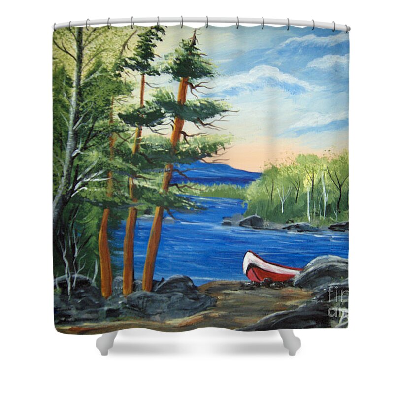 Clouds Shower Curtain featuring the painting Red Canoe by Brenda Brown