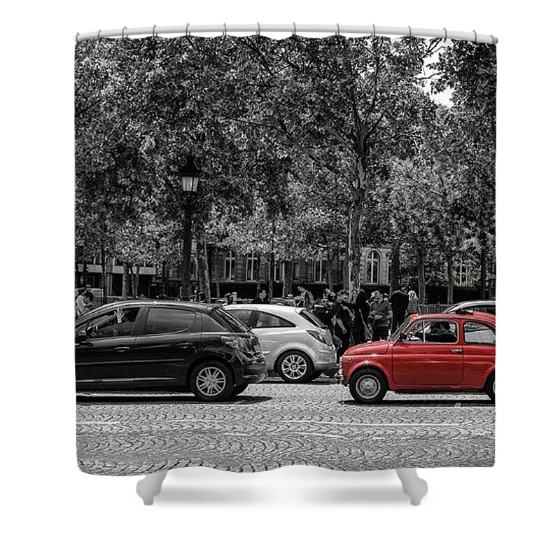 Paris Shower Curtain featuring the photograph Red Car in Paris by Nigel R Bell