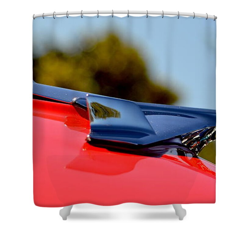 Red Shower Curtain featuring the photograph Red Chevy Hood by Dean Ferreira
