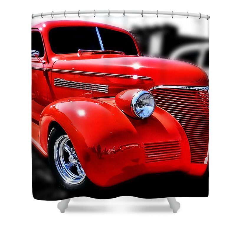 Victor Montgomery Shower Curtain featuring the photograph Red Chevy Hot Rod by Vic Montgomery