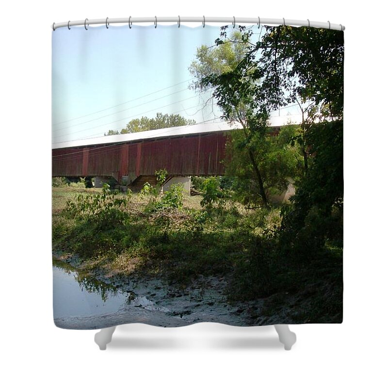 Landscape Shower Curtain featuring the photograph Red Covered Bridge by Fortunate Findings Shirley Dickerson