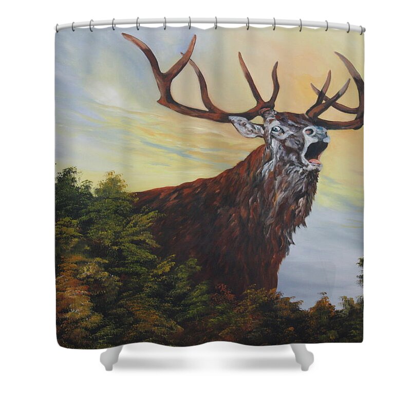 Red Stag Shower Curtain featuring the painting Red Deer - Stag by Jean Walker