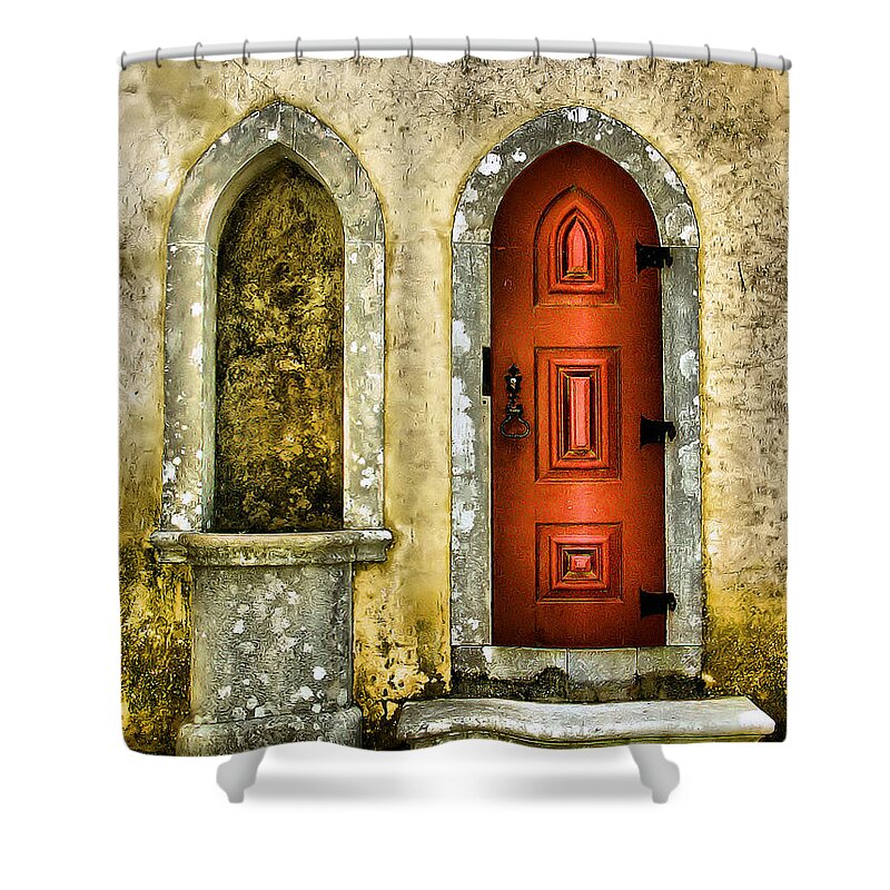 Medieval Shower Curtain featuring the photograph Red Door of the Medieval Castle of Sintra by David Letts