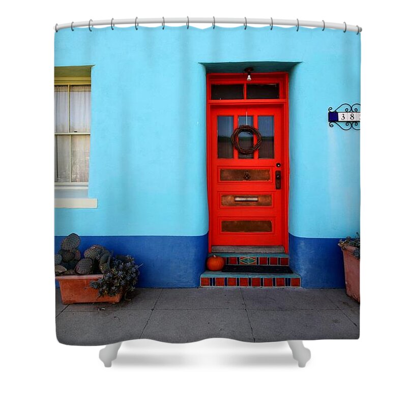 Door Shower Curtain featuring the photograph Red Door on Blue Wall by Joe Kozlowski