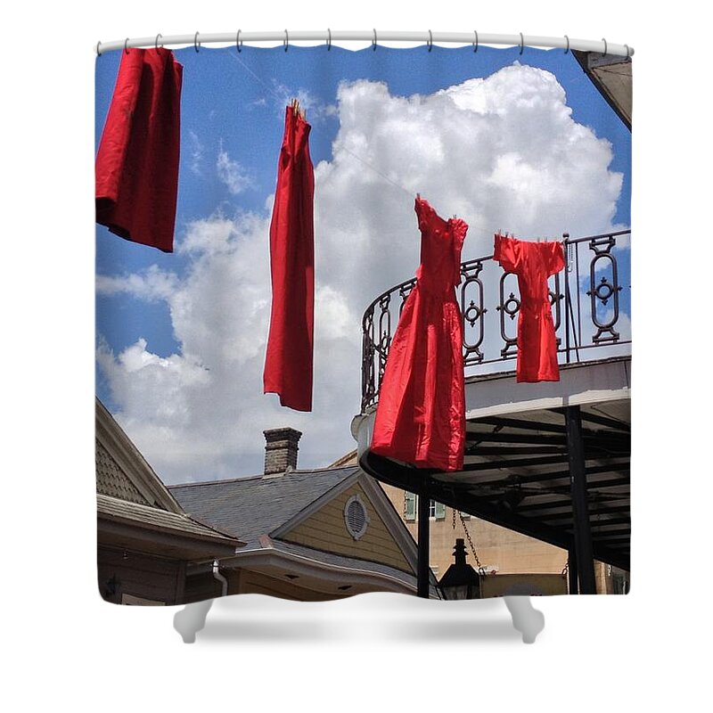 Red Shower Curtain featuring the photograph Red Dress Lineup by John Duplantis
