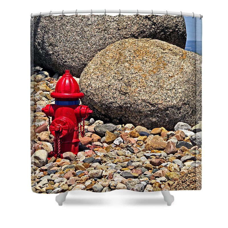 Fire Hydrant Shower Curtain featuring the photograph Red Fire Hydrant on Rocky Hillside by Ella Kaye Dickey
